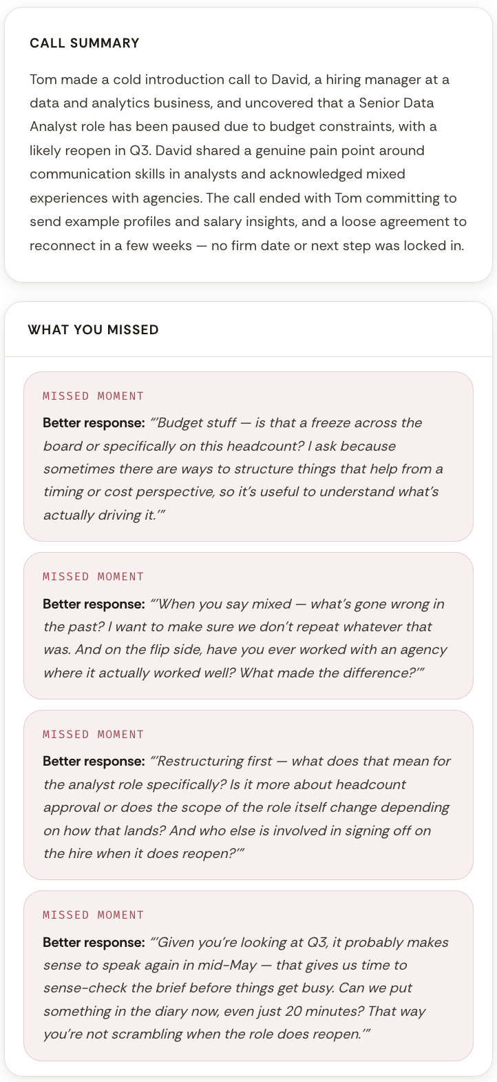 Missed moments analysis from recruitment call transcript