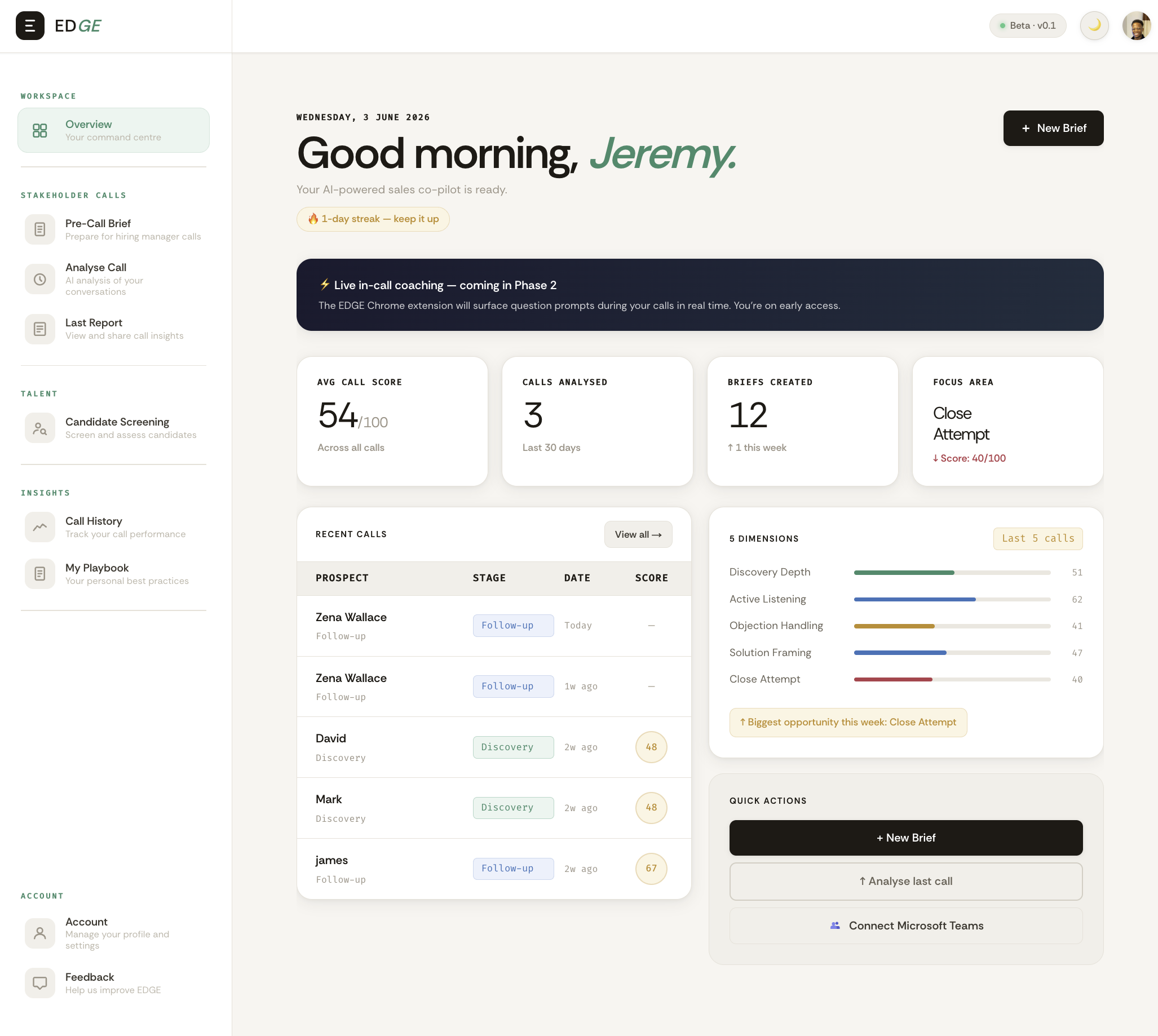 EDGE recruitment dashboard showing call scores and briefs