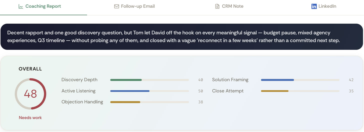 Post-call coaching report for recruitment consultants